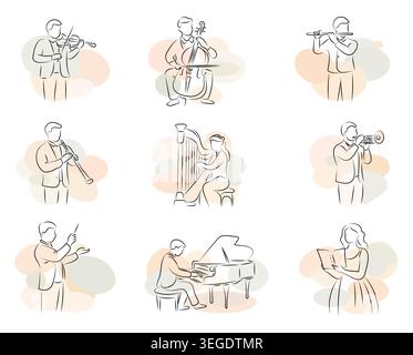 Klassische Musiker minimalistische Strichkunst in Pastelltönen Sammlung, handgezeichneter Hintergrund Stock Vektor