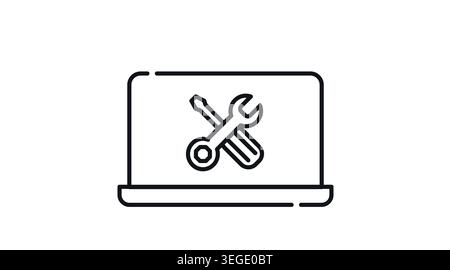 Symbol für Laptop-Reparatur und technischen Support: Tragbarer Computer mit Kreuzschlüssel und Schraubendreher auf dem Bildschirm, minimalistischer schwarzer Kunstvektor. Stock Vektor