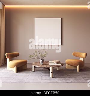 Stuhl in skandinavischer moderner minimalistischer Wohnzimmer-Mockup-Vorlage mit leerem Bilderrahmen an beigefarbener Wand Stockfoto