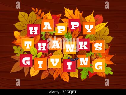 Happy Thanksgiving Grußkarte mit Herbstblättern, Beeren und Eicheln, Vektor-hölzerner Hintergrund. Thanksgiving-Weihnachtsgruß mit Ahornblatt, Eichenholz und Birkenbeeren Stock Vektor