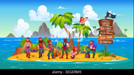 Karibische Piratenfiguren mit Schätzen auf einer tropischen Insel im Meer oder Ozean. Piratenfiguren in Zeichentrickfilmen graben Gold und Korsaren verstecken Schatzkisten auf der Insel mit der Flagge von Jolly Roger auf dem Schild Stock Vektor