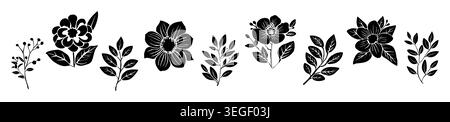 Silhouetten von Blüten und Blättern in Schwarz-weiß Stock Vektor