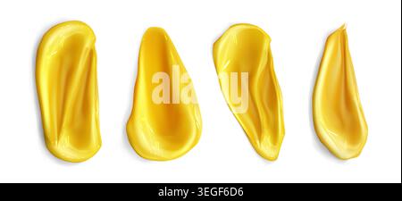 Pinselstriche in gelber Farbe auf weißem Hintergrund malen. Realistische 3D-Textur für Ölschmierstoffe. Glänzende Acrylpinselmarkierungen mit glattem Farbverlauf für künstlerische Designelemente und kreative Projekte. Stock Vektor