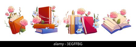Buchstapel mit Blumen Karikaturvektor Illustration isoliert auf weißem Hintergrund. Geöffnete und geschlossene Bücher, gebunden mit Schnur oder Kordeln und mit Blumenstrauß zwischen den Seiten, Sommer- oder Frühlingsleseelemente Stock Vektor