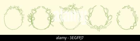 Skurrile Ostereier-Rahmen mit zartem Blumenmuster und Schleife. Vektor-Illustrationen Set von handgezeichneten Frühlingsborten mit Vintage-ornamentalem Design, pastellgrünen Girly Coquette Prints Stock Vektor