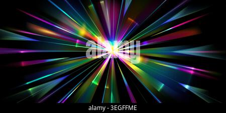 Regenbogenlichtgeschwindigkeit Bewegungseffekt, Starburst Prisma Flare auf schwarzem Hintergrund abstrakte Vektorillustration. 3D-Explosion mit holographischem Spektrumgradienten, radialen Halolinien, leuchtenden Strahlen und Strahlen Stock Vektor