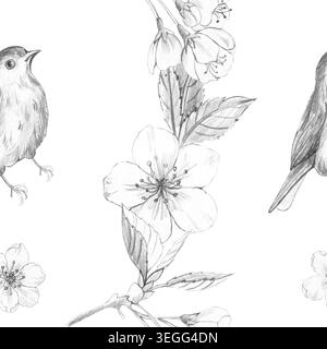 Nahtloses Muster der handgezeichneten Bleistiftskizze mit kleinen Vögeln und Sakura-Kirschblütenzweigen auf weißem Hintergrund für elegantes Vintage-Natur-Textil- und Tapetendesign Stockfoto