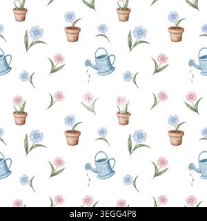Nahtloses Aquarellmuster mit handgezeichneten Gartenelementen, darunter Terrakotta-Blumentöpfe und Gießkannen, blaue, rosa Gänseblümchen auf weiß, für Frühlingstextilien und Kindertagetapeten Stockfoto