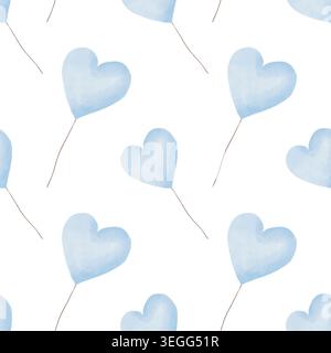 Nahtloses Aquarellmuster mit handgezeichneten blauen Herzballons auf weißem Hintergrund für sanfte Kinderzimmer-Tapeten, Babyduschfeiern, Textilien und festliche Geschenkverpackung, romantische valentinsthemen Stockfoto