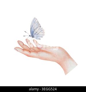 Zarte Aquarellillustration der Hand sanft hält blauen Schmetterling, isoliert auf weiß, für elegante Wellness-Design-Projekte, die Frieden, Hoffnung und die Schönheit der Natur, Spa und Ruhe symbolisieren Stockfoto