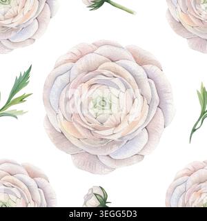 Nahtloses Aquarellmuster mit handgezeichneten weißen Ranunkelblüten und grünen Blättern auf weißem Hintergrund. Illustrationen für elegante Hochzeitstextilien, Einladungen und botanische Tapeten. Stockfoto