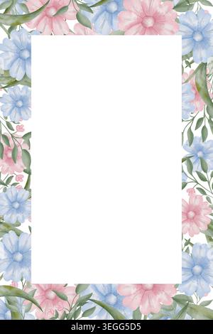 Zartes Aquarell-Blumengestell mit rosa und blauen Gänseblüten mit grünen Blättern, zentraler rechteckiger Rand mit Kopierraum, für Frühlingseinladungen und Blumen in sozialen Medien auf weiß Stockfoto