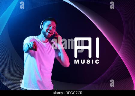 Mann, der Musik hört, die durch künstliche Intelligenz in Neonlichtern erzeugt wird Stockfoto