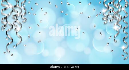 Glitzernde silberne Bänder und Konfetti schweben auf hellblauem Hintergrund mit weißen Bokeh-Lichtern. Stock Vektor