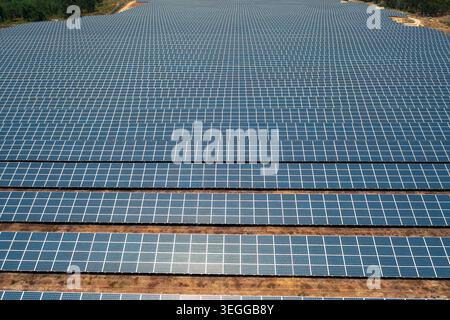 Drohnenansicht eines riesigen Solarkraftwerks mit unzähligen Reihen von Photovoltaik-Panels, die auf trockenem Gelände installiert sind und saubere erneuerbare Energie erzeugen Stockfoto