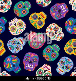 Mexikanische Calavera-Zucker-Schädel, Tag der Toten nahtloses Muster. Vektorwiederholung Volksmotiv für kulturelle Feierlichkeiten, Textil, Verpackung, Partydekoration. Lebendige Fliesentapete Hintergrund Stock Vektor
