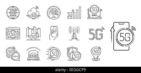 Symbole und Piktogramme der 5-g-Getriebetechnologie. Drahtlose Netzwerk- und mobile Konnektivität, Basisstation, Smartphones, Cloud-Computing, digitale Stadt, Datengeschwindigkeit, Sicherheit, Online-Kommunikation Stock Vektor