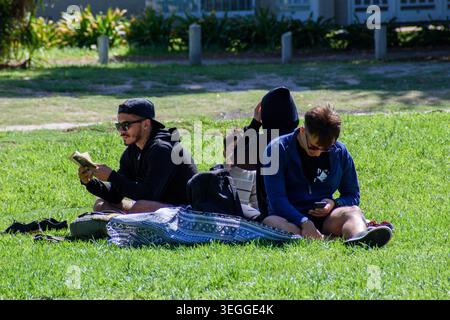 Gruppe junger Freunde, die sich an einem sonnigen Tag auf dem Gras in einem öffentlichen Park von Chascomus entspannen, lesen und Smartphones benutzen Stockfoto
