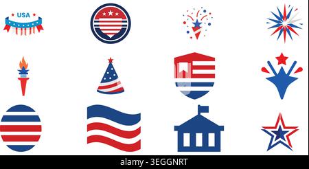 USA patriotische Ikone Set Vektor für Unabhängigkeitstag Design mit patriotischer Unabhängigkeit Stock Vektor