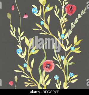 Aquarellmohn und Vergissmeinnicht nahtloses Muster auf grauem, zartem floralem Hintergrund mit roten und blauen Wildblumen, handgemalt romantisch Stockfoto