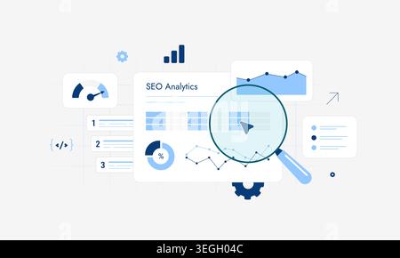 SEO-Analysen mit Website-Ranking und Suchleistung im digitalen Dashboard. Analysieren Sie Traffic-Daten und optimieren Sie Suchergebnisse mit seo-Berichten und Website-Marketing-Metriken Vektorillustration. Stock Vektor