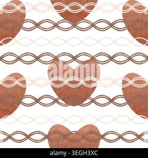 Nahtloses Muster mit handbemalten Herzen und geflochtenen ornamentalen Linien in warmen Erdtönen, Aquarellstil. Minimales rustikales Backwarendesign perfekt Stockfoto