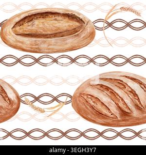 Sauerteigbrot, Weizen, warme Erdtöne, handgemaltes nahtloses Muster. Rustikales Bäckereidesign mit organischen Kornelementen, ideal für den Bauernhof Stockfoto