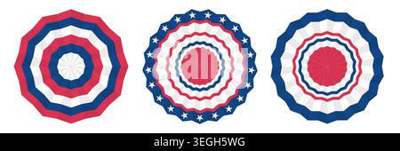 Set aus drei runden patriotischen Rosetten und Kreisbändern in den Farben der US-Flagge. Dekorationselemente zum Tag der amerikanischen Unabhängigkeit. Rot weiß und blau Stock Vektor