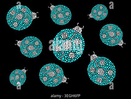 Lebendiges Marienkäfer-Muster auf schwarzem Hintergrund. Grafikdesign in der Pointillismus-Technik mit weißen und hellblauen Punkten. Kontrastierend, dekorativ, perfekt für Textilien, Abdeckungen und Hintergründe. Stockfoto
