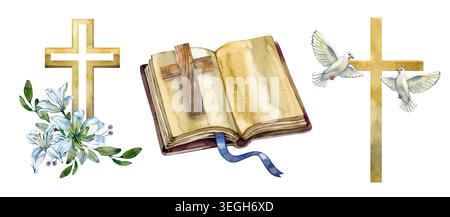 Handgezeichnete Aquarellelemente Set christlicher religiöser Symbole. Verfügt über ein goldenes Kreuz mit weißen Lilien, eine offene alte Bibel mit einer kleinen Stockfoto