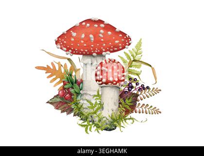 Fliegenpilze fallen Clipart Illustration mit Herbstblättern und Beeren isoliert auf weiß. Handgemalte Holzdekoration für saisonale Jahreszeit Stockfoto