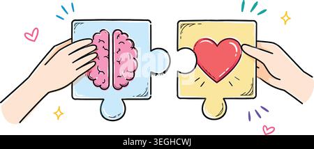Emotionale Intelligenz Gehirn und Herz Puzzle Verbindung Illustration Stock Vektor