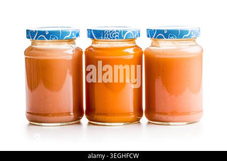 Drei Gläser mit glattem Orangenpüree oder Soße mit gemusterten blauen Deckeln, die in einer Reihe auf weißem Hintergrund angeordnet sind, erinnern an hausgemachte Pantry Stockfoto