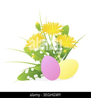 Ostereier, rosa und gelb, mit Löwenzahnblüten (Taraxacum), grünen Blättern, Gras, Frühling, Illustration, isoliert auf weißem Hintergrund Stockfoto