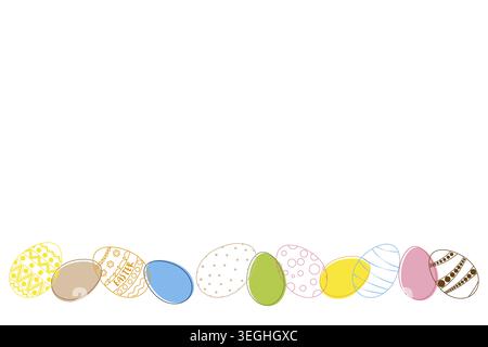 Ostereierrand, dekorierte Eier in verschiedenen Farben und Mustern, gelb, blau, grün, pink, beige, dekorative Designs, unterer Rand, Illustration, Stockfoto