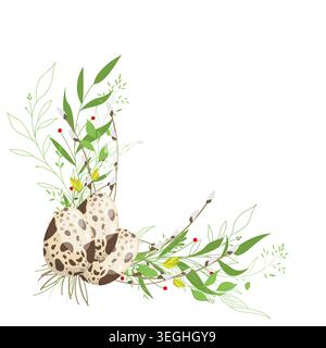 Osterecke mit gesprenkelten Wachteleiern, grünen Blättern, Zweigen, roten Beeren und gelben Blumen, botanischem Design, Frühlingsferien-Illustrat Stockfoto