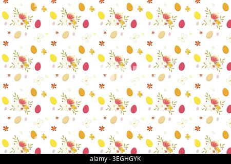 Nahtloses Ostermuster, bunt dekorierte Eier, Blumensträuße mit rosa und gelben Blumen, kleine rote Blumen, grüne Blätter, sich wiederholendes Design, Abb. Stockfoto