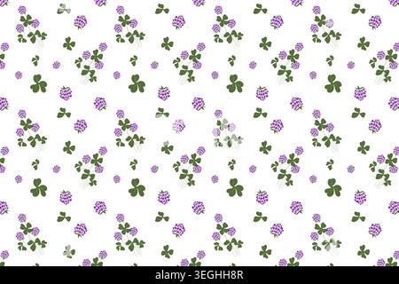 Nahtloses Muster mit grünen Kleeblättern und lila roten Kleeblättern, botanische Illustration, St. Patrick's Day Thema, Skizzenstil, isoliert auf wh Stockfoto