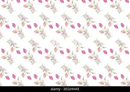Nahtloses Blumenmuster mit rosa Tulpen und zarten Sträußen, Aquarellfrühlingsblumen, grüne Blätter, diagonale Anordnung, Illustration, isoliert Stockfoto