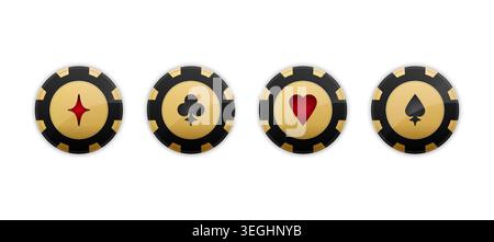 Ein Set goldener Poker-Chips. Casino-Chips mit Spielkarte passen zu Symbolen, die auf weißem Hintergrund isoliert sind. Vektorabbildung Stock Vektor