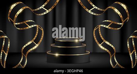 Filmpremiere rundes schwarzes Podium mit glänzenden goldenen Rändern und goldenen Filmstreifen. Vektorabbildung Stock Vektor