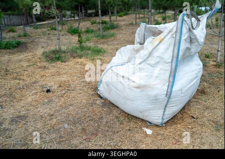 Große weiße Mülltüte voller Müll auf einem gepflasterten Parkweg nach einer Frühjahrsreinigung. Stockfoto