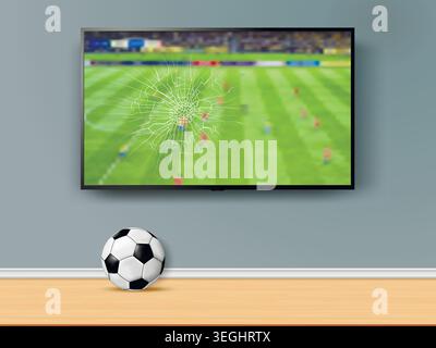 TV-Bildschirm, der von einem Fußball mit einer Fußballsendung zertrümmert wurde. Vektorabbildung. Stock Vektor