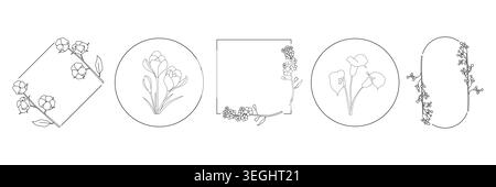 Set aus fünf geometrischen Rahmen, verziert mit zarten floralen Linien, einschließlich Diamant-, Kreis-, Quadrat- und Ovalformen, elegantes Design für Stock Vektor