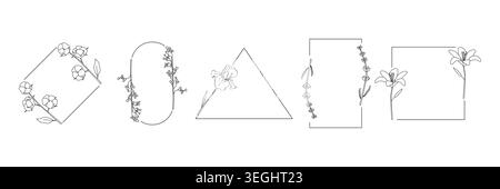 Set aus fünf minimalistischen geometrischen Rahmen, verziert mit floralen Linien, einschließlich quadratischer, ovaler, dreieckiger und rechteckiger Formen, elegantes Design für Stock Vektor