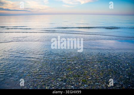 Transparentes Meerwasser mit bunten Steinen am Rügen Inselstrand in Deutschland. Natur, Küste und saubere Ostsee-Umwelt Stockfoto