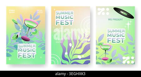 Musik fest Poster mit leuchtendem Farbverlauf, Halbtöne und abstraktem Blumendesign, Vektorillustrationen. Vorlage für Konzertflyer mit Schallplatte, Electro Club Events und Festival Promotions. Stock Vektor