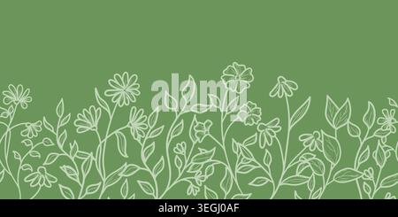 Frühlingsblumen und Zweige mit Blättern, nahtloser horizontaler Rand. Vektorabbildung. Die Zeichnung der Sommerwiesen Blumen ist handgezeichnet, Isolat Stock Vektor