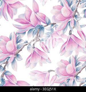 Nahtloses Aquarellmuster mit Magnolienblüten und Zweigen mit rosa Blüten und Laub, dekoratives, sich wiederholendes Design für Stoffe, Verpackungen, Geschenkpapier, Tapeten und Branding Stockfoto