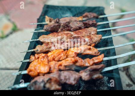 Eine Nahaufnahme verschiedener Fleischspieße, die über heißen Kohlen grillen und Rauch aussenden. Die Spieße umfassen Rindfleisch, Huhn und Würzfleisch, perfekt für ein Sommergrillen. Stockfoto